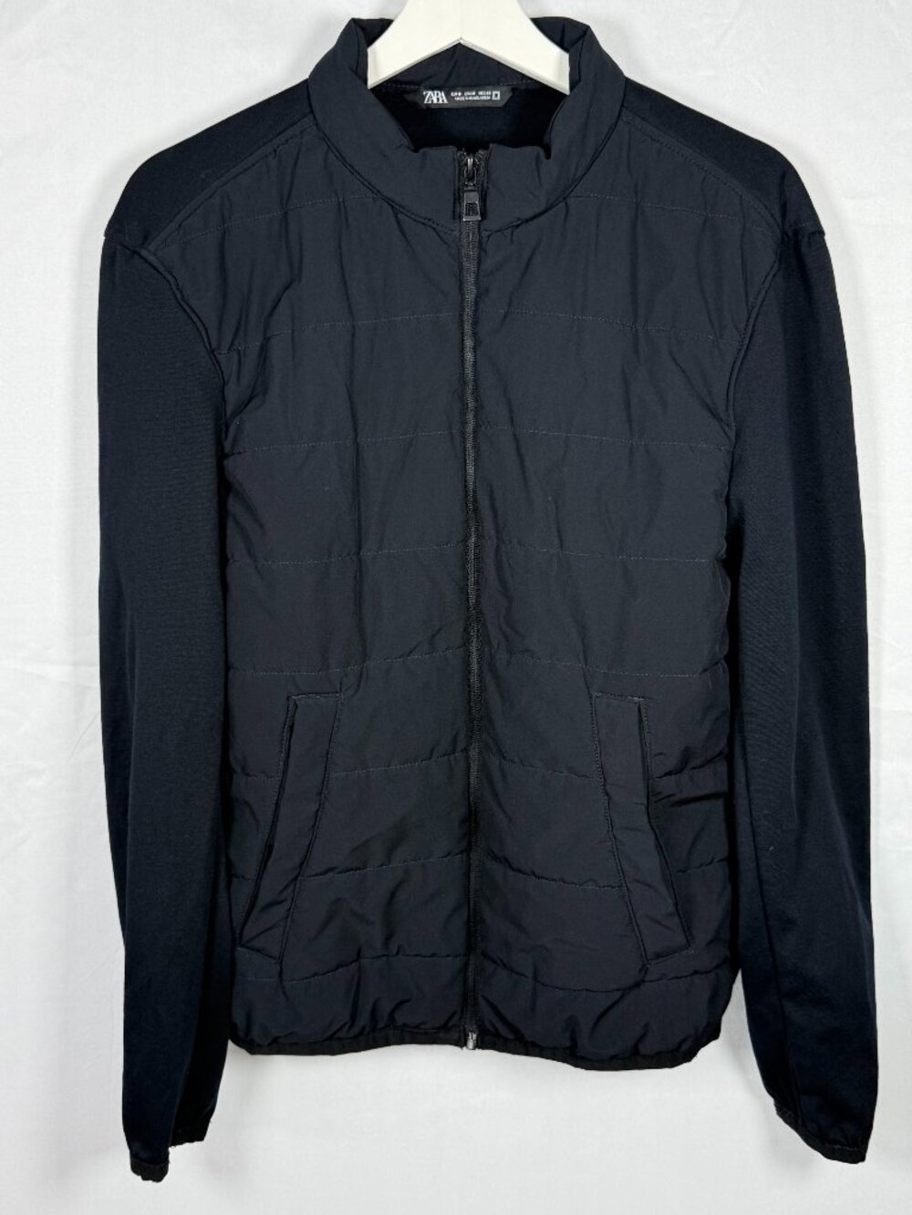 Zara Black Quilted Lightweight Puffer Zip Up Jacket Stand Collar Pockets Size M